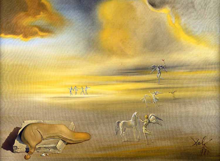 Salvador Dalí, Mostro molle in un paesaggio angelico (1977), olio su tela. Roma, Musei Vaticani.